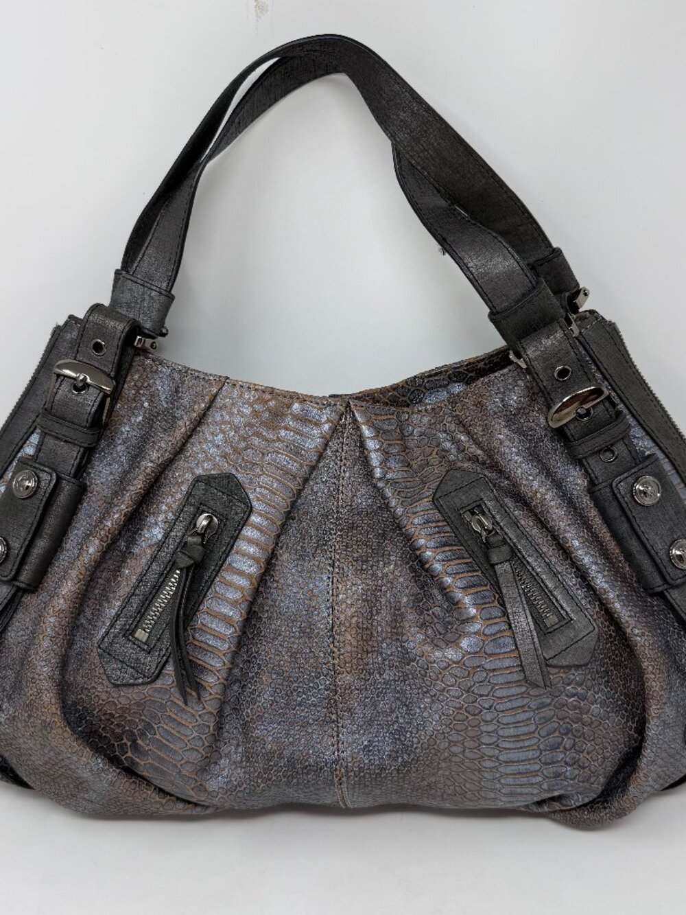 MICHELE WATCHES Diamond Grey Snake Skin Embossed Leather Hobo Shoulder Bag